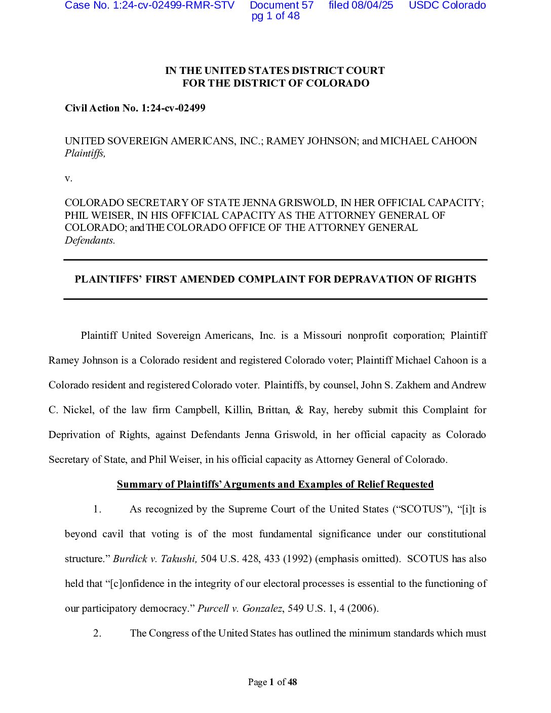 2025-08-04 CO Legal United Sovereign Americans vs Griswold et al Plaintiffs First Amended Complaint