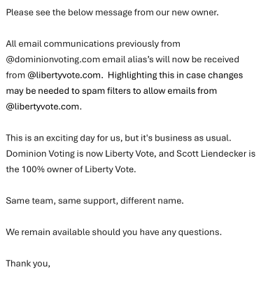 Dominion (Now Liberty Vote) Internal Comms: “Same Team, Same Support, Different Name.”