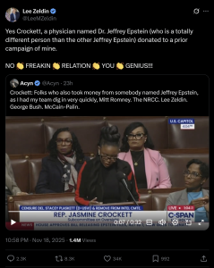 Jeff Epstein? The New York Physician? Jasmine Crockett Flames Republicans For Taking Cash From Normal Americans ‘Named Jeffrey Epstein.’